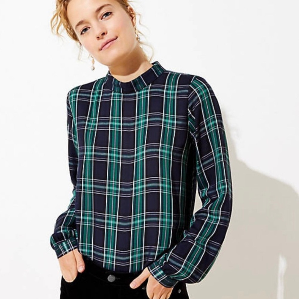 LOFT Plaid Mock Neck Blouse Sm